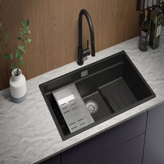 Évier Cusine en Granit Graphite 76x47 cm, Lavabo Cuisine 1 Bac + Kit de Vidage + Robinet, Évier au meuble 80cm, Évier à Encastrer de Primagran 2