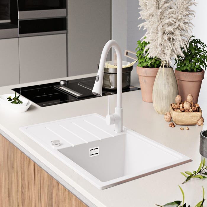 Evier Cuisine en Granit Blanc, 78 x 50 cm, Lavabo 1 bac + Kit de Vidage, Évier à Encastrer de Primagran 3