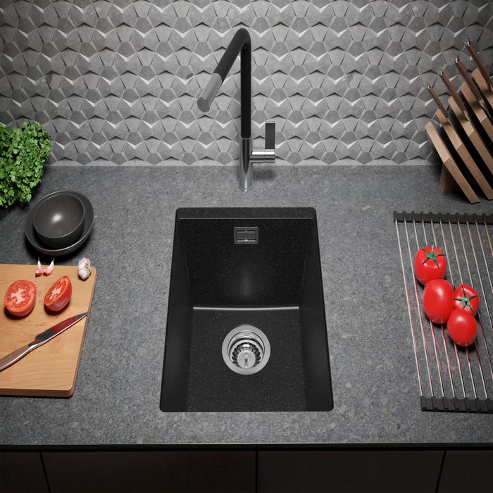 Evier Sous Plan Graphite, 36 x 47 cm, Evier en Granit 1 bac + Kit de Vidage, Lavabo Cuisine de Primagran 3