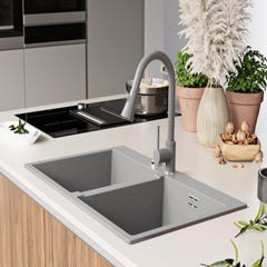 Evier Cuisine en Granit Gris 78x50cm, Lavabo 2 bacs + Kit de Vidage, Évier à Encastrerau meuble 80cm - Oslo Twin de Primagran 2