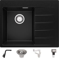 Évier Cusine en Granit Noir 62x50 cm, Lavabo Cuisine 1 Bac + Kit de Vidage + Robinet, Évier au meuble 40cm, Évier à Encastrer de Primagran 0