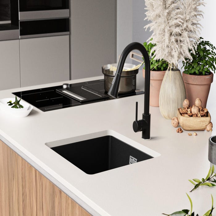 Evier Sous Plan Noir, 46 x 47 cm, Evier en Granit 1 bac + Kit de Vidage, Lavabo Cuisine de Primagran 8