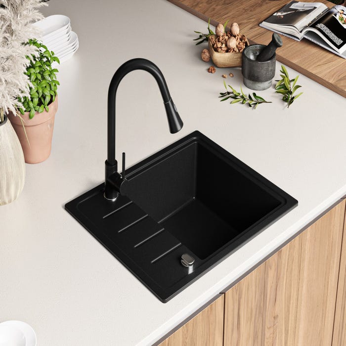 Evier Cuisine en Granit Noir, 62 x 50 cm, Lavabo 1 bac + Robinet 9700 + Kit de Vidage, Évier à Encastrer de Primagran 1