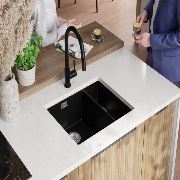 Evier Cuisine en Granit Noir, 55,5 x 45 cm, Lavabo 1,5 bac + Robinet 5700 + Kit de Vidage, Évier à Encastrer de Primagran 3