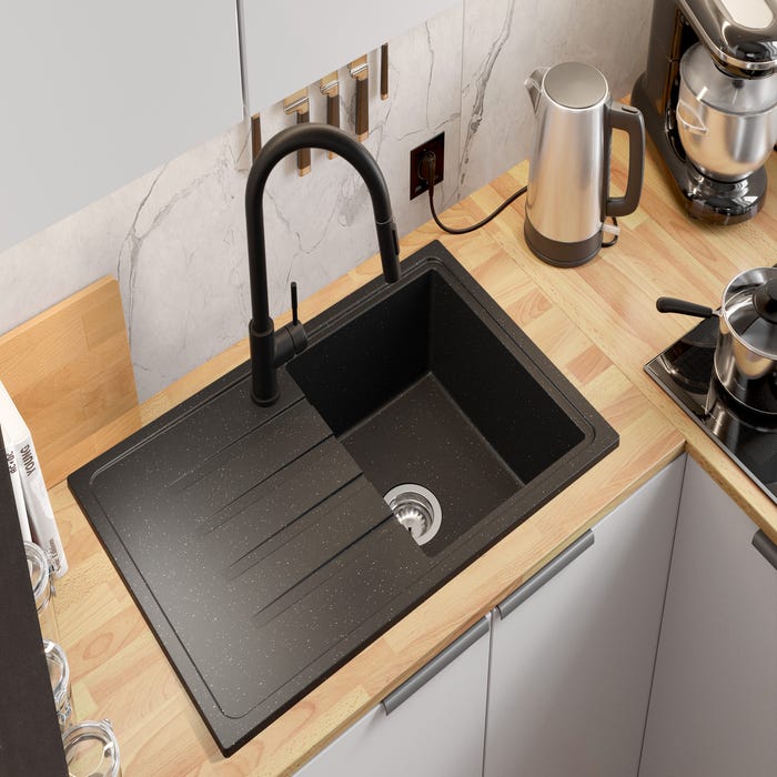 Evier Cuisine en Granit Noir Metallic, 78 x 50 cm, Lavabo 1 bac + Kit de Vidage, Évier à Encastrer Milan 780 de Primagran 1